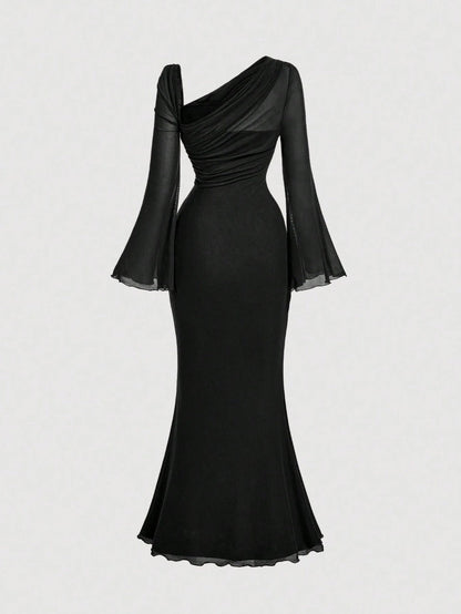Butterfly Button Pleated Fish Tail Dress