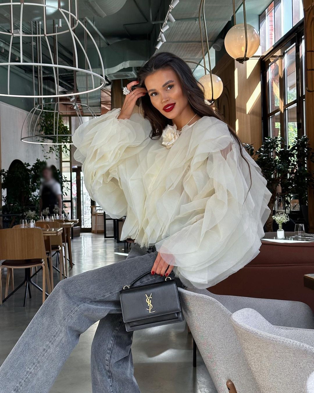 Ruffle Layered Sheer Chiffon Top