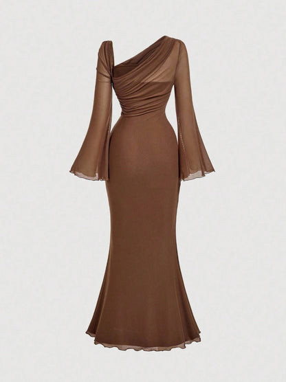 Butterfly Button Pleated Fish Tail Dress