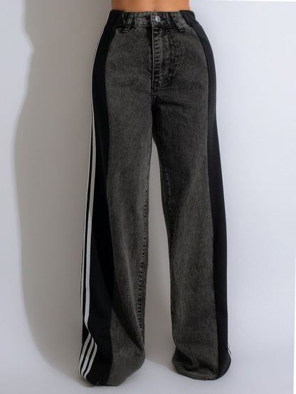 High Waist Spliced Color Ankle Length Jeans Pants