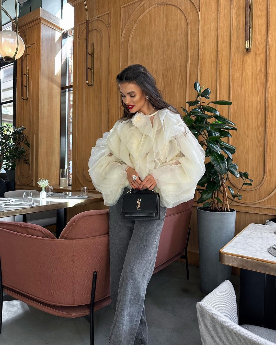 Ruffle Layered Sheer Chiffon Top