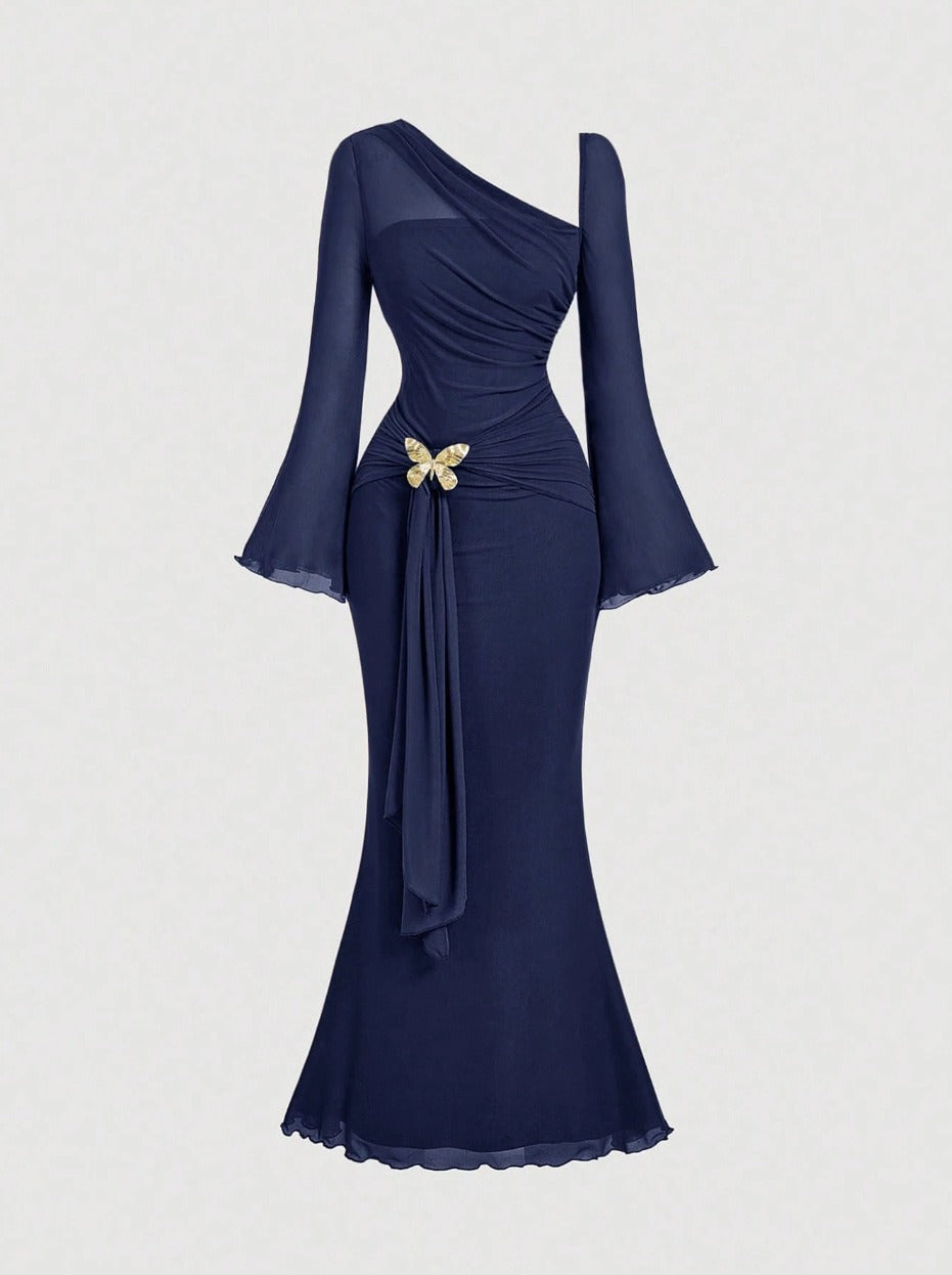 Butterfly Button Pleated Fish Tail Dress