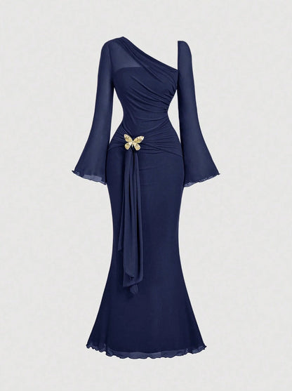 Butterfly Button Pleated Fish Tail Dress