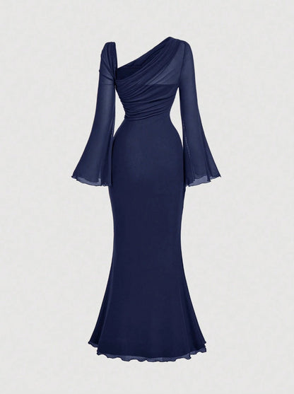 Butterfly Button Pleated Fish Tail Dress