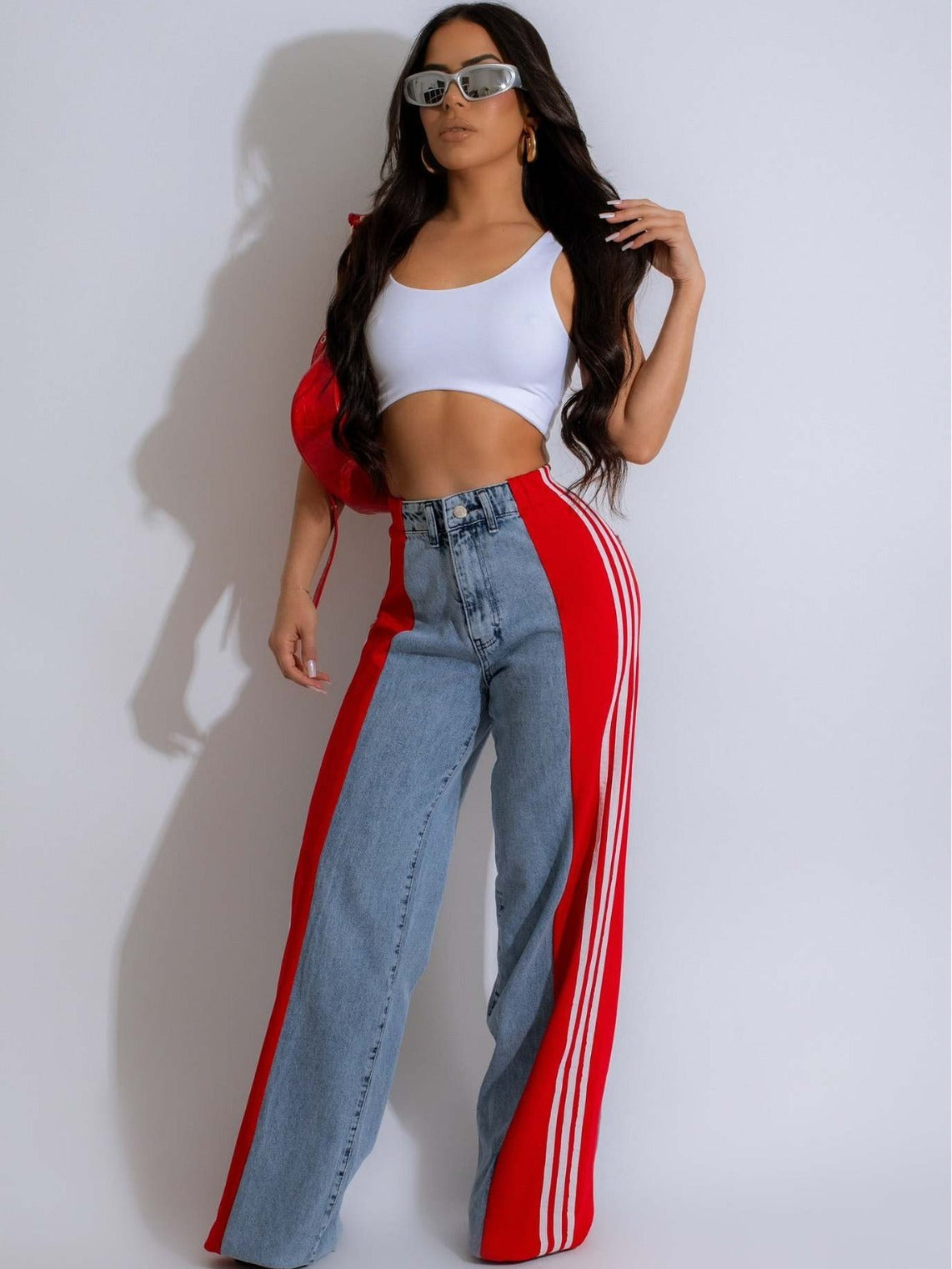 High Waist Spliced Color Ankle Length Jeans Pants