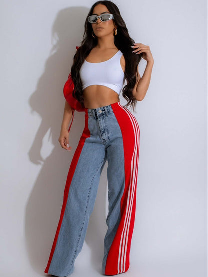 High Waist Spliced Color Ankle Length Jeans Pants