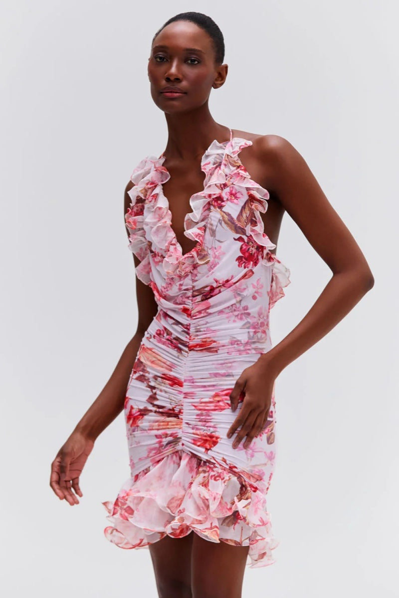 Vestido mini sin mangas de tul elástico con efecto neblina floral