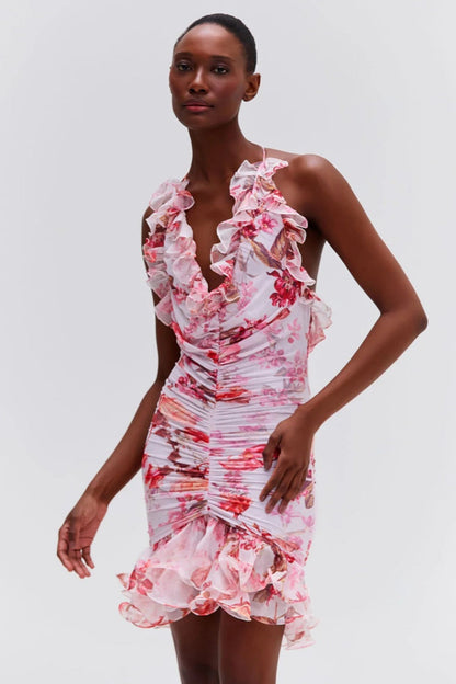 Vestido mini sin mangas de tul elástico con efecto neblina floral