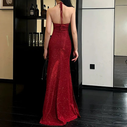V-Neck Collarless Glittering Dress