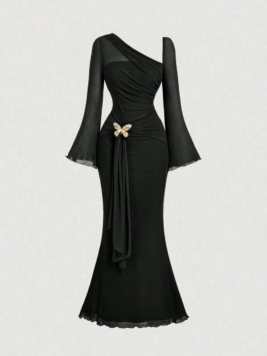 Butterfly Button Pleated Fish Tail Dress