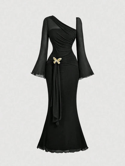 Butterfly Button Pleated Fish Tail Dress