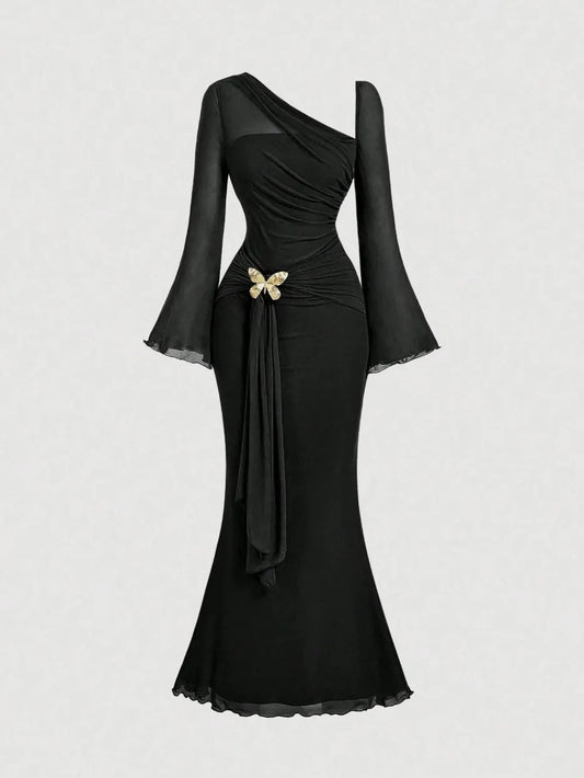 Butterfly Button Pleated Fish Tail Dress