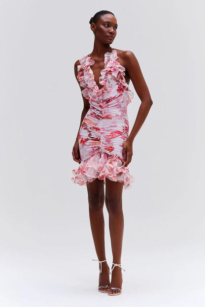 Vestido mini sin mangas de tul elástico con efecto neblina floral