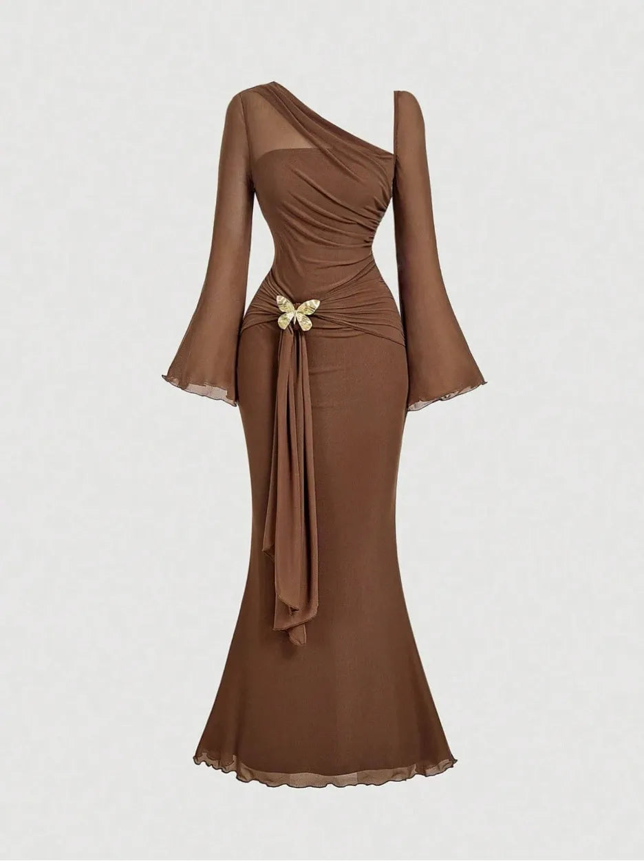 Butterfly Button Pleated Fish Tail Dress