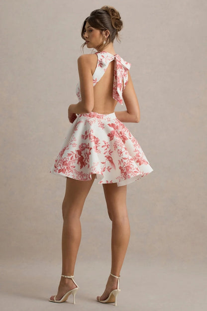 Vestido mini skater sin mangas con cuello nadador y estampado de porcelana rosa