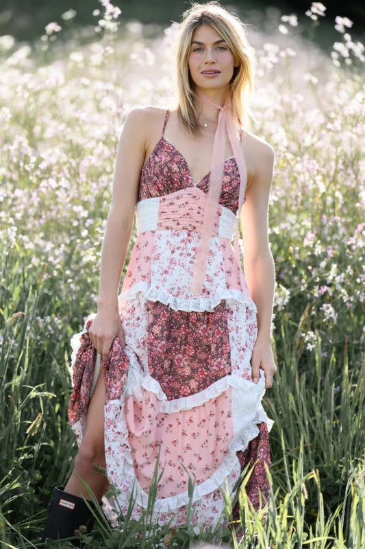 Vestido largo con estampado floral de patchwork