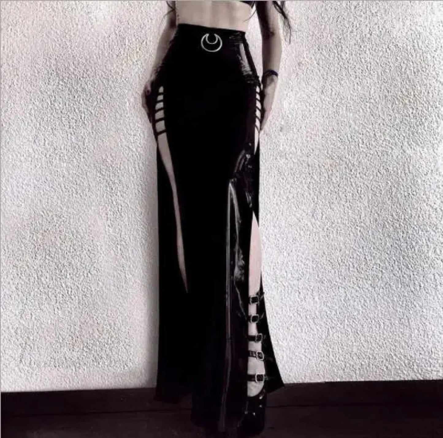 Imitation Leather Empty Out Skirt