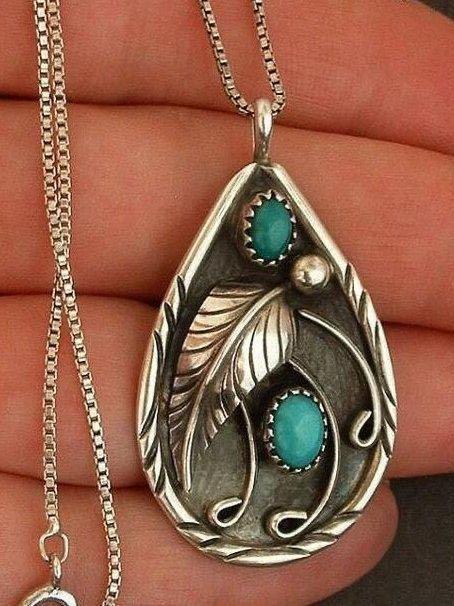 Inlaid Turquoise Antique Dyed Black Feather Necklace for Women