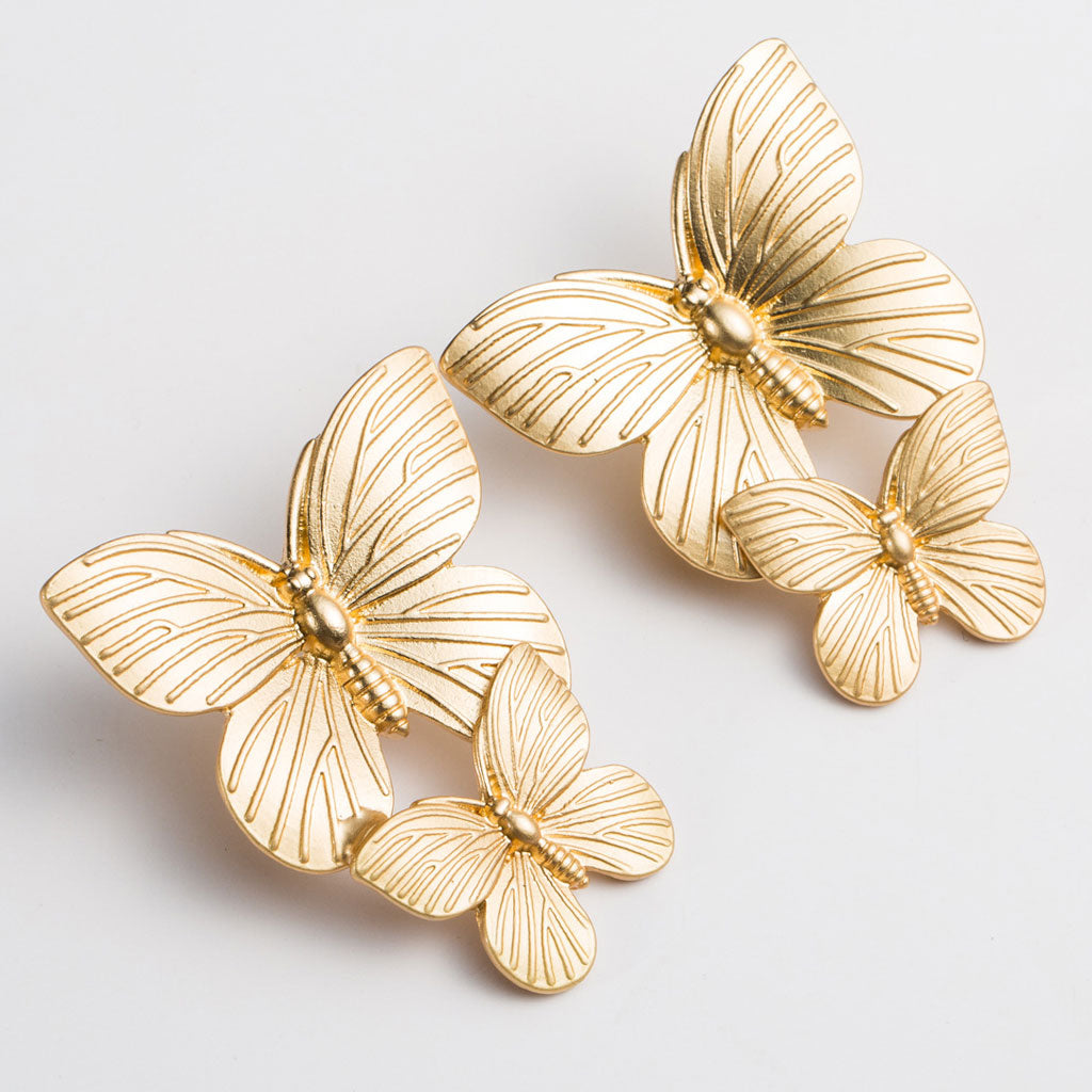 Metallic Double Butterfly Earrings - Gold