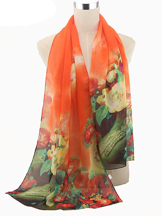 Digital Print Vintage Large Floral Peony Georgette Beach Towel Sun Protection Shawl Silk Scarf for Women