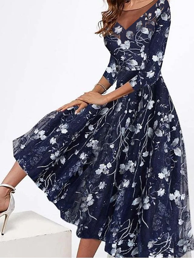 A Line Dress Midi Dress Dusty Blue 3/4 Length Sleeve Floral Ruched Print Spring Summer Crew Neck Elegant Casual Vintage  S M L XL XXL 3XL for Women