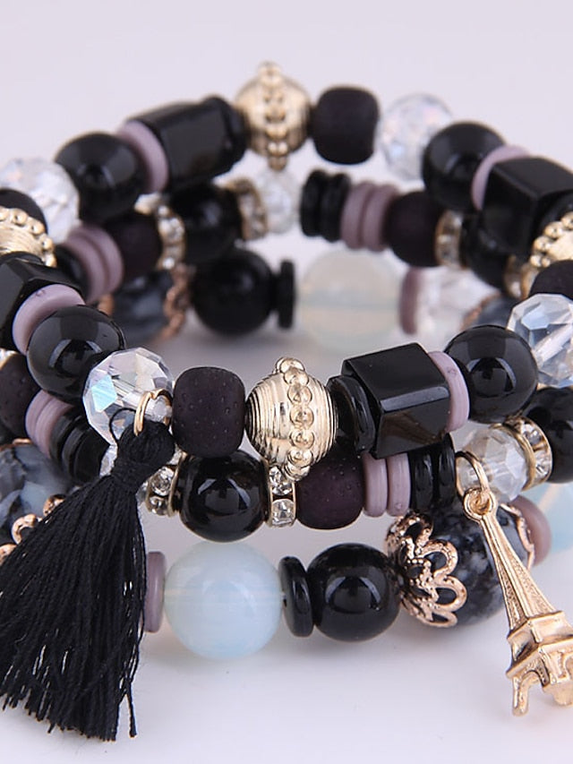 3pcs Bead Bracelet Bracelet Layered Fashion Tassel Bohemian Resin Bracelet Jewelry Black / White / Pink For Gift Daily Holiday Date for Women