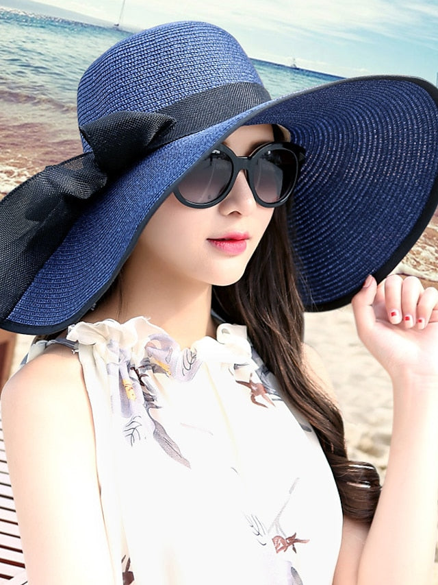 1 pcs 5.5 Inches Big Bowknot Straw Hat Large Floppy Foldable Roll up Beach Cap Sun Hat UPF 50 for Women
