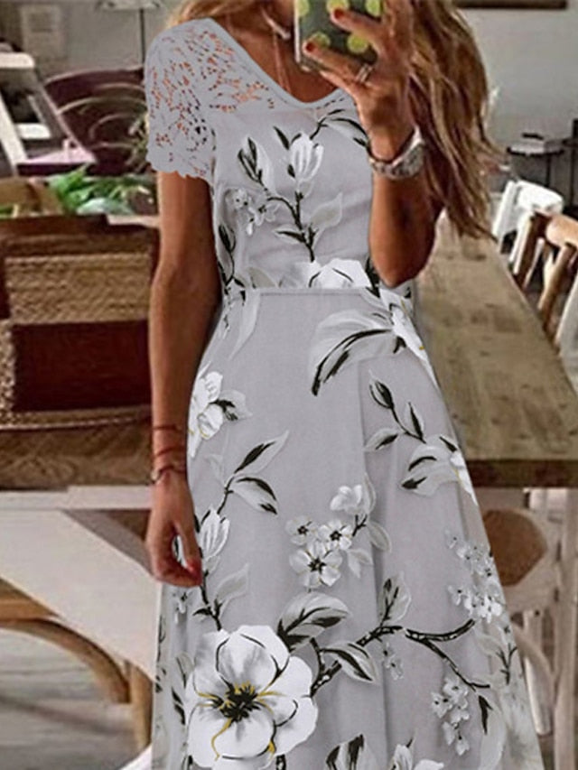 A Line Dress Long Dress Maxi Dress Gray Short Sleeve Floral Lace Spring Summer V Neck Casual  S M L XL XXL for Women