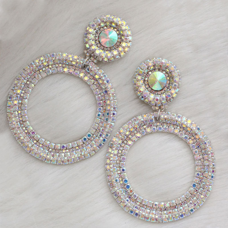 Iridescent Gem Crystal Hoop Dangle Earrings Silver