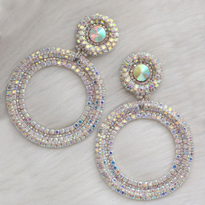 Iridescent Gem Crystal Hoop Dangle Earrings Silver