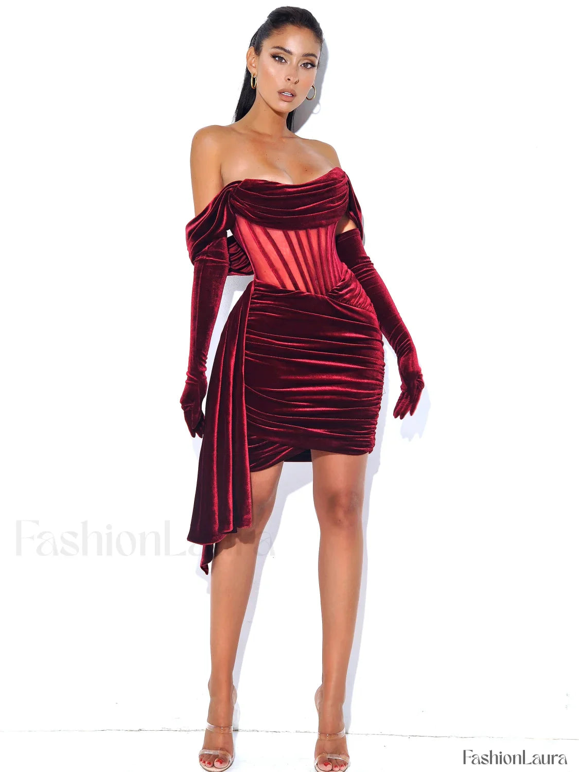 Irisa Burgundy Draping Charming Off Shoulder Corset Dress