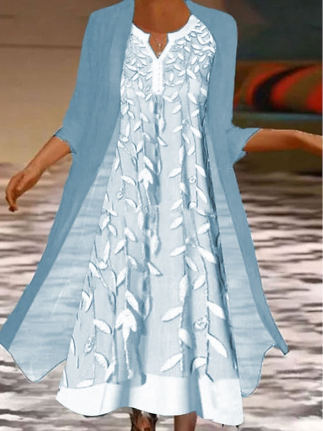 A Line Dress Midi Dress Gray 3/4 Length Sleeve Print Pure Color Ruched Fall Spring Crew Neck Elegant Casual Classic  S M L XL XXL 3XL / Loose for Women