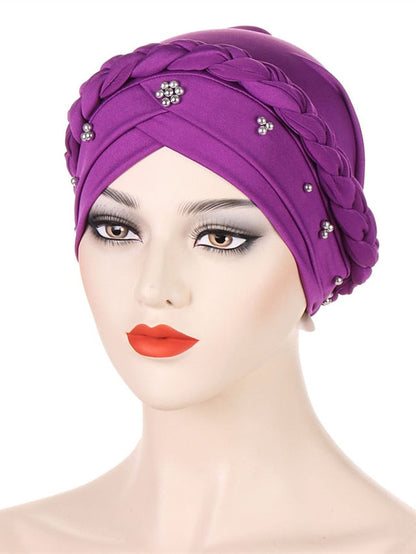 Multiple Colors Choice with Beads Women Muslim Braid Head Turban Wrap Cover Islamic Arab Cap Fashion Hair Loss Bonnet Beanies for Women