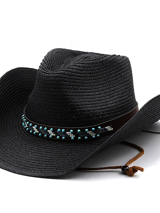 British Wind with Bead Leather Rope Cowgirl Summer Straw Hat for Women Men Western Cowboy Hat Lady Trendy Beach Sun Hat for Women