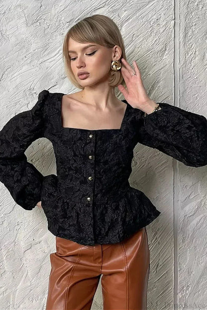 Jacquard Sophisticated Square Neck Puff Sleeve Blouse