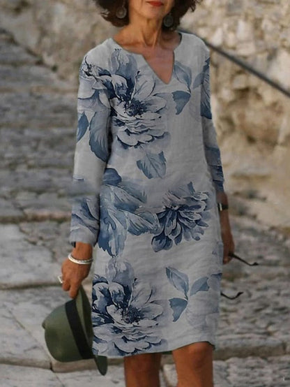 A Line Dress Knee Length Dress White Yellow Pink Long Sleeve Floral Print Winter Fall Autumn V Neck Casual Winter Dress Fall Dress  S M L XL XXL 3XL for Women