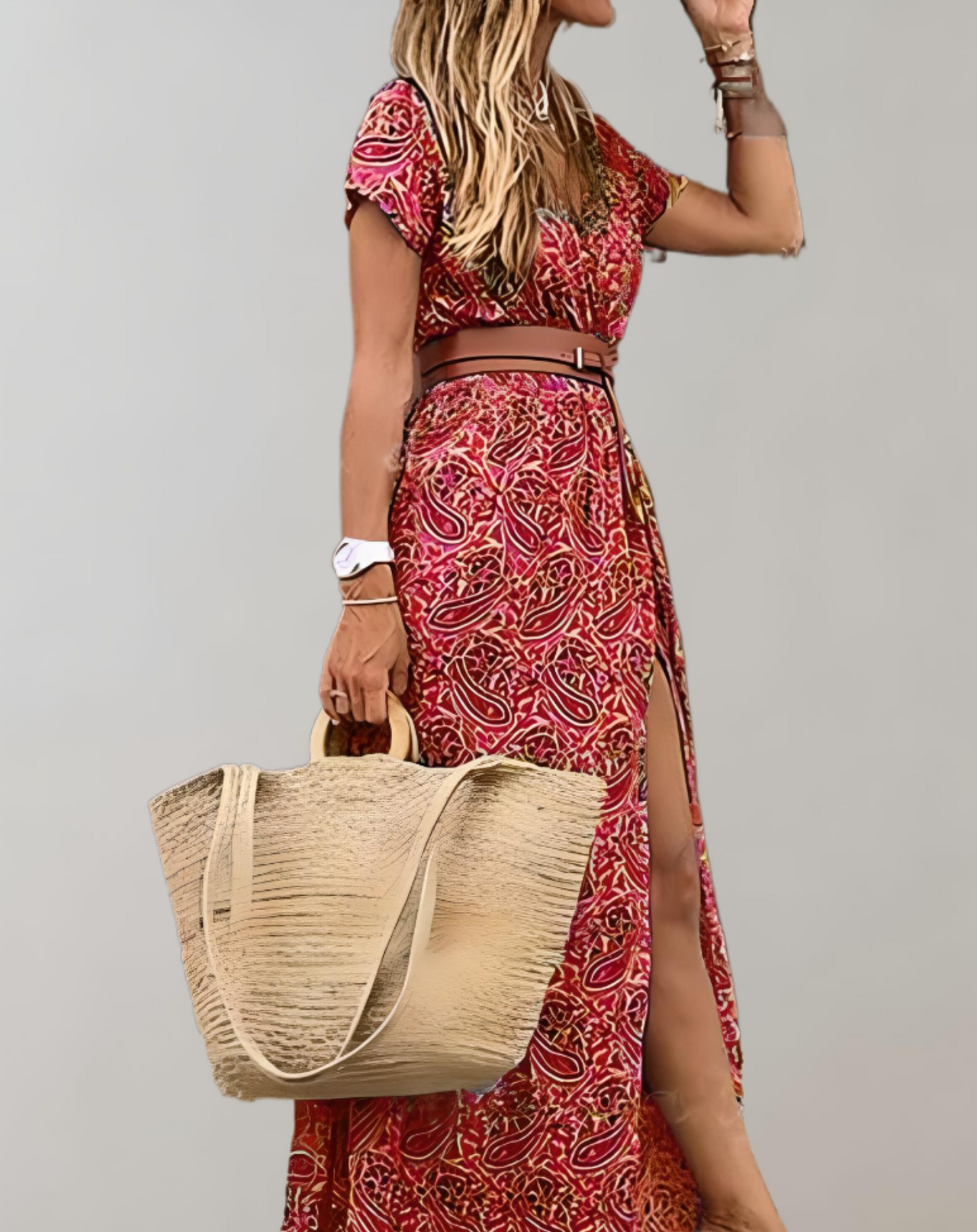 Vestido clásico de verano para mujer con escote en V, cinturón y abertura | Ideal para primavera/verano