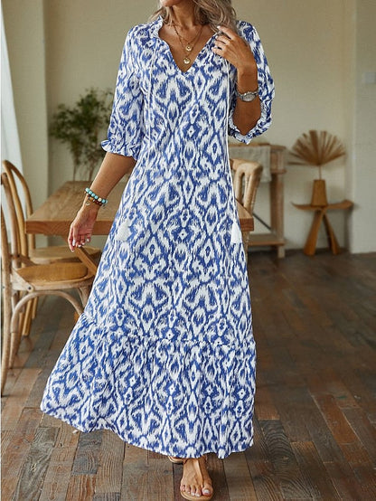 A Line Dress Maxi long Dress Purple Half Sleeve Print Ruched Print Spring Summer V Neck Casual Vacation  3XL for Women