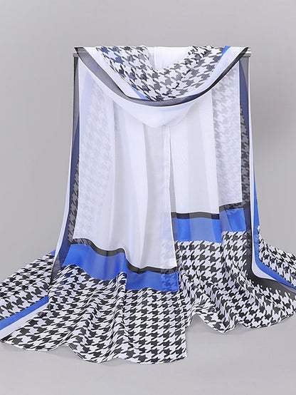 Spring And Summer New Thousand Bird Check Print Chiffon Long Silk Scarf for Women