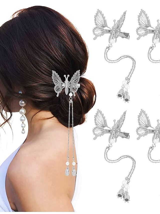 3D Moving Butterfly Hair ClipsMetal Butterfly Hairpins Bride Wedding Head Pieces Hair Accessories for Women Girls Moving Tassel Butterfly Hair Clips 4 PCS 3D Metal Silver Moving Wings Butterfly Hairp for Women