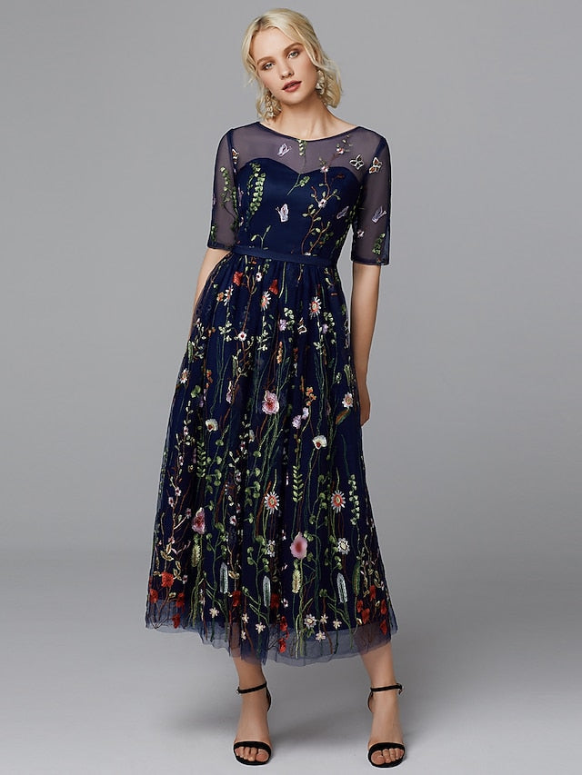 A-Line Floral Dress Holiday Tea Length Half Sleeve Illusion Neck Lace with Embroidery Appliques 2023