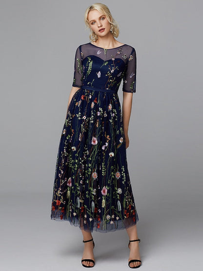 A-Line Floral Dress Holiday Tea Length Half Sleeve Illusion Neck Lace with Embroidery Appliques 2023