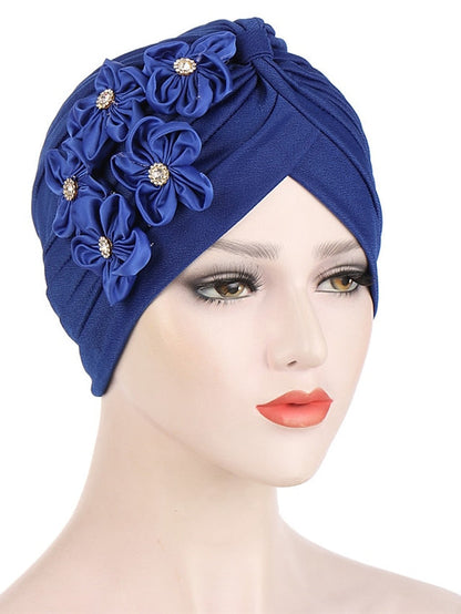 Elegant Women Five Flowers Turban Caps Muslim Elastic Crystal Party Headscarf Bonnet Ladies Hair Accessories Indian Cap for Women