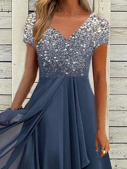 A Line Dress Chiffon Dress Midi Dress Navy Blue Short Sleeve Color Gradient Patchwork Spring Summer V Neck Stylish Elegant Party  S M L XL XXL 3XL / Party Dress for Women