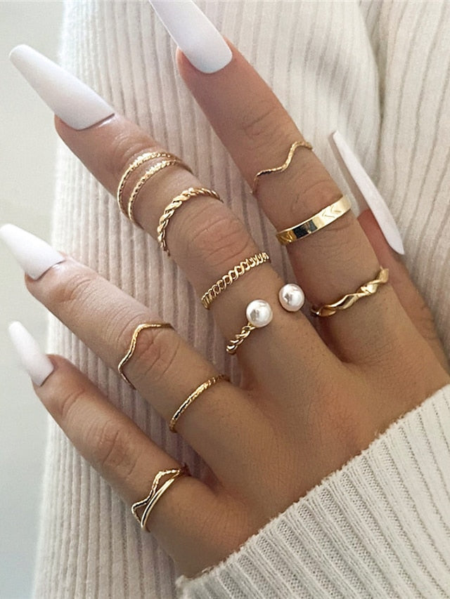 1 set Ring For Street Daily Prom Imitation Pearl Alloy Hollow Out Flower for Women