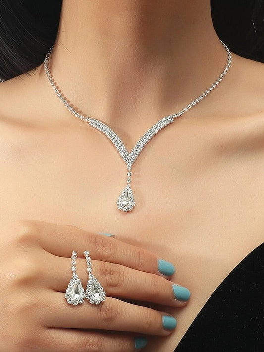 3pcs Bridal Jewelry Sets Bride Jewelry Set Silver Crystal Wedding Necklace Earrings Bridal Rhinestone Teardrop Pendant Accessories for Women and Bridesmaids (3 piece set - 2 earrings and 1 necklace for Women