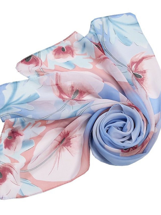Thin Style Chiffon Georgette Print Beach Scarf Gradient Color Flower Summer Sunscreen Bandana Scarf&Shawl for Women