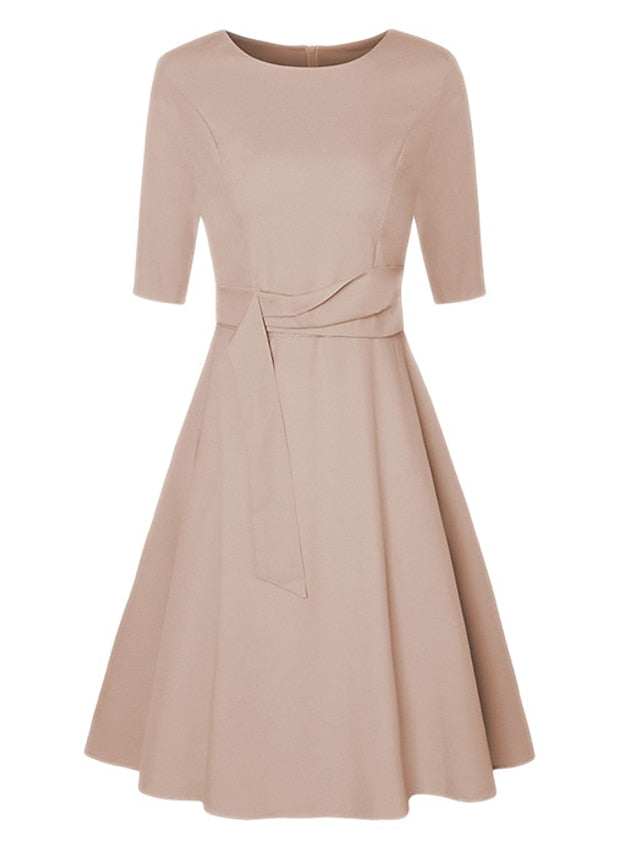 A Line Dress Knee Length Dress Dark Green Navy Blue Beige 3/4 Length Sleeve Pure Color Lace up Fall Spring Round Neck Stylish Elegant Casual Party Slim  S M L XL XXL for Women