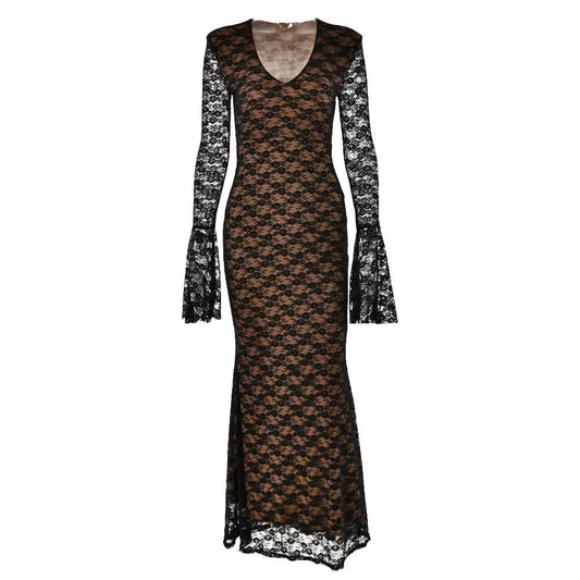 Long flared sleeve lace v neck patchwork maxi dress  | Festival Outfits Women