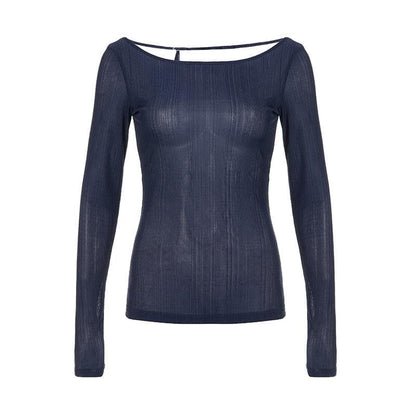 Round neck hollow out backless long sleeve solid cut out top